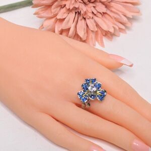 Fashion Ring Blue Topaz Flower Dinner Ring Silver Plate Micro Studded Diamond